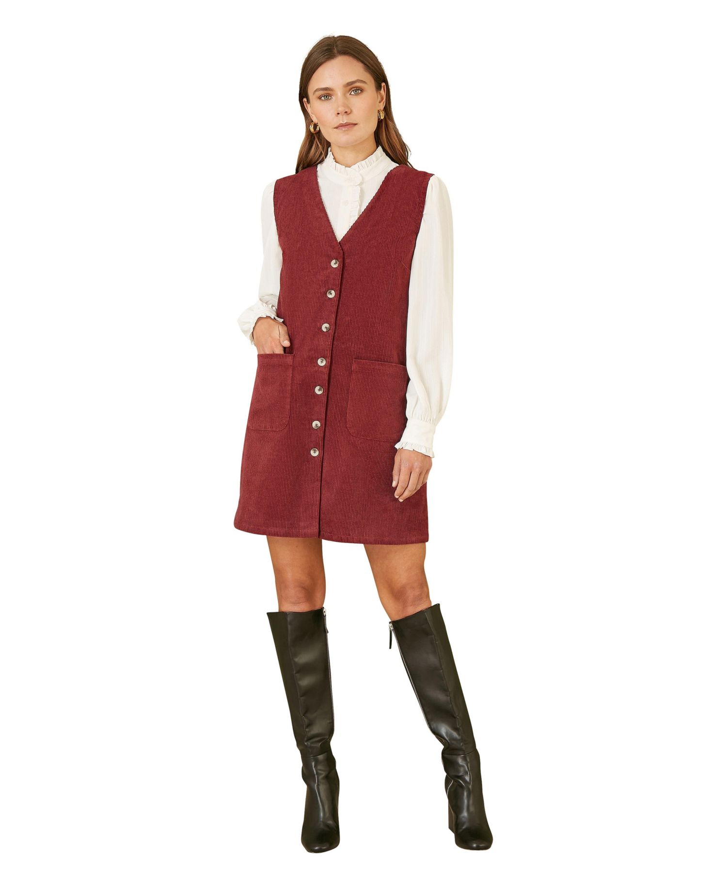 Women's V-Neck Cord Pinafore Dress