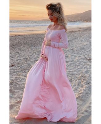 Maternity Pink Solid Off Shoulder Maxi Dress