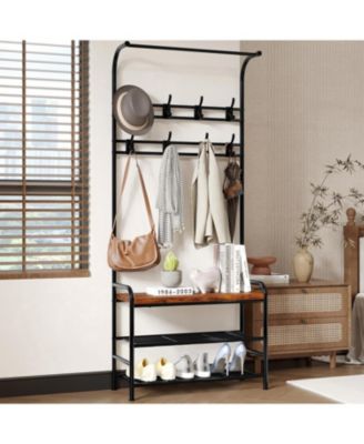 Hall Tree Shoe Bench, 4-in-1 Industrial Entryway Storage Bench with 8 Sturdy Hooks, Freestanding Coat Rack for Small Spaces, Apartments