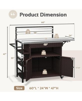 60" 1-Pc. Outdoor Bar Cart with Rattan Storage Cabinet and Steel Frame