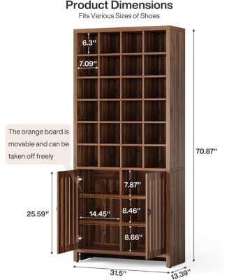Tall Shoe Storage Cabinet with Doors, Farmhouse Wooden Shoe Rack with 24 Cubbies & 3 Hidden Shelves