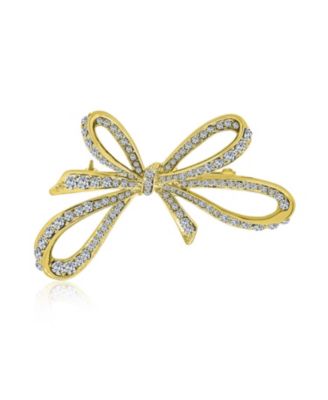 Set of 2 Winter Clear Blue Crystal Ribbon Bow Brooch Pin Gold Plated