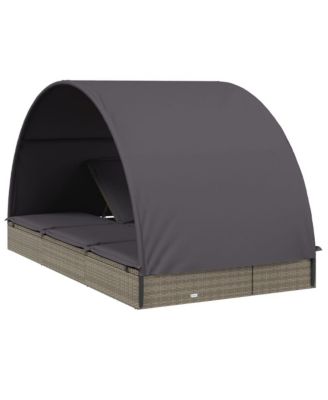 Sunbed Gray PE Rattan Two-Person Size Adjustable Armrests