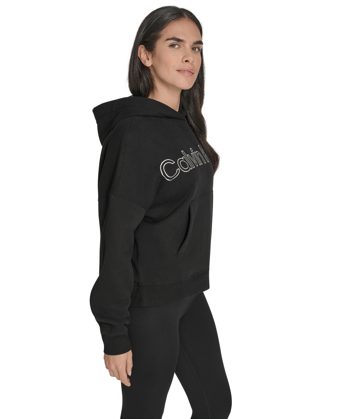 Calvin Klein Women's Performance Metallic Outline Logo Fleece Hoodie In Black
