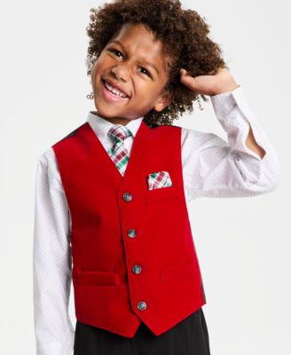 Boys' 2T-7 Red Velvet Vest, Shirt, Tie and Pants, 4-Piece Set