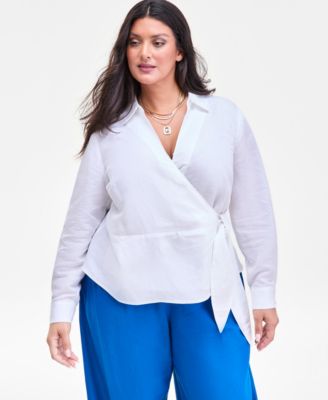 Plus Size Linen-Blend Tied Surplice Top, Exclusively at Macy's