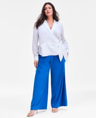 Plus Size Linen-Blend Tied Surplice Top, Exclusively at Macy's