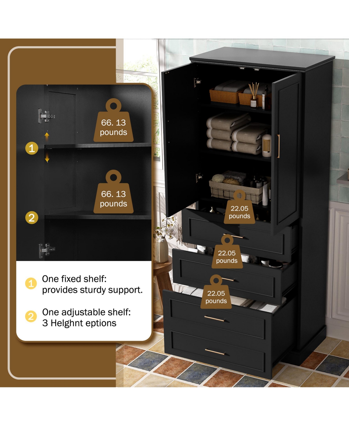 Lovmor 72inch Tall Freestanding Bathroom Cabinet with 3 Drawers Partitioned Standard Deep Adjustable Shelf Modern Elegant Style Soft Close Doors