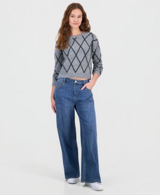 Juniors' Sequin Plaid Crewneck Sweater