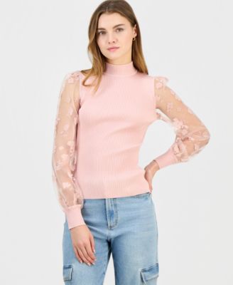 Juniors' Mock-Neck Mesh Floral Flocked-Sleeve Top