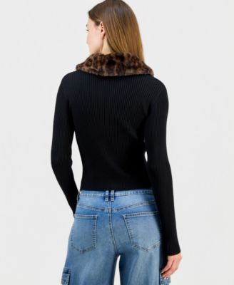 Juniors' Faux-Fur-Collar Zip-Up Sweater 