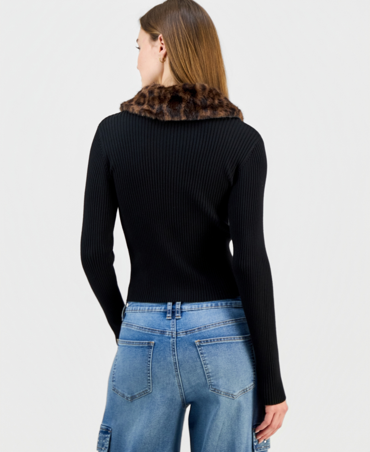 Madden Girl Juniors' Faux-fur-collar Zip-up Sweater In Black