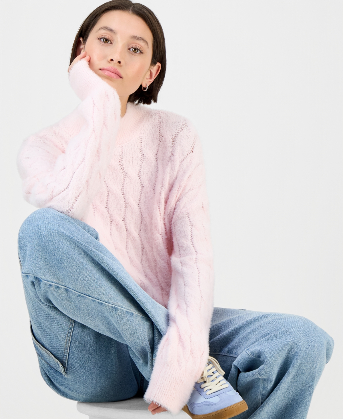 Hippie Rose Juniors' Mock-neck Eyelash-cable Knit Sweater In Pink