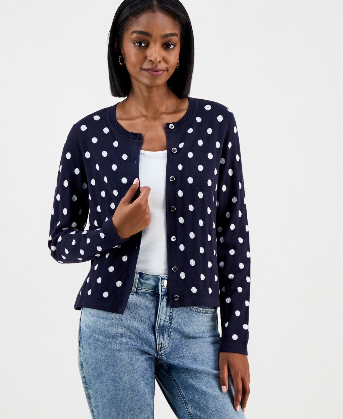 Nautica Jeans Women's Dot-Print Button-Front Cotton Cardigan