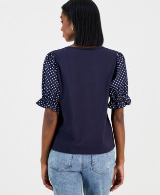 Nautica Women's Round-Neck Contrast-Puff-Sleeve Top