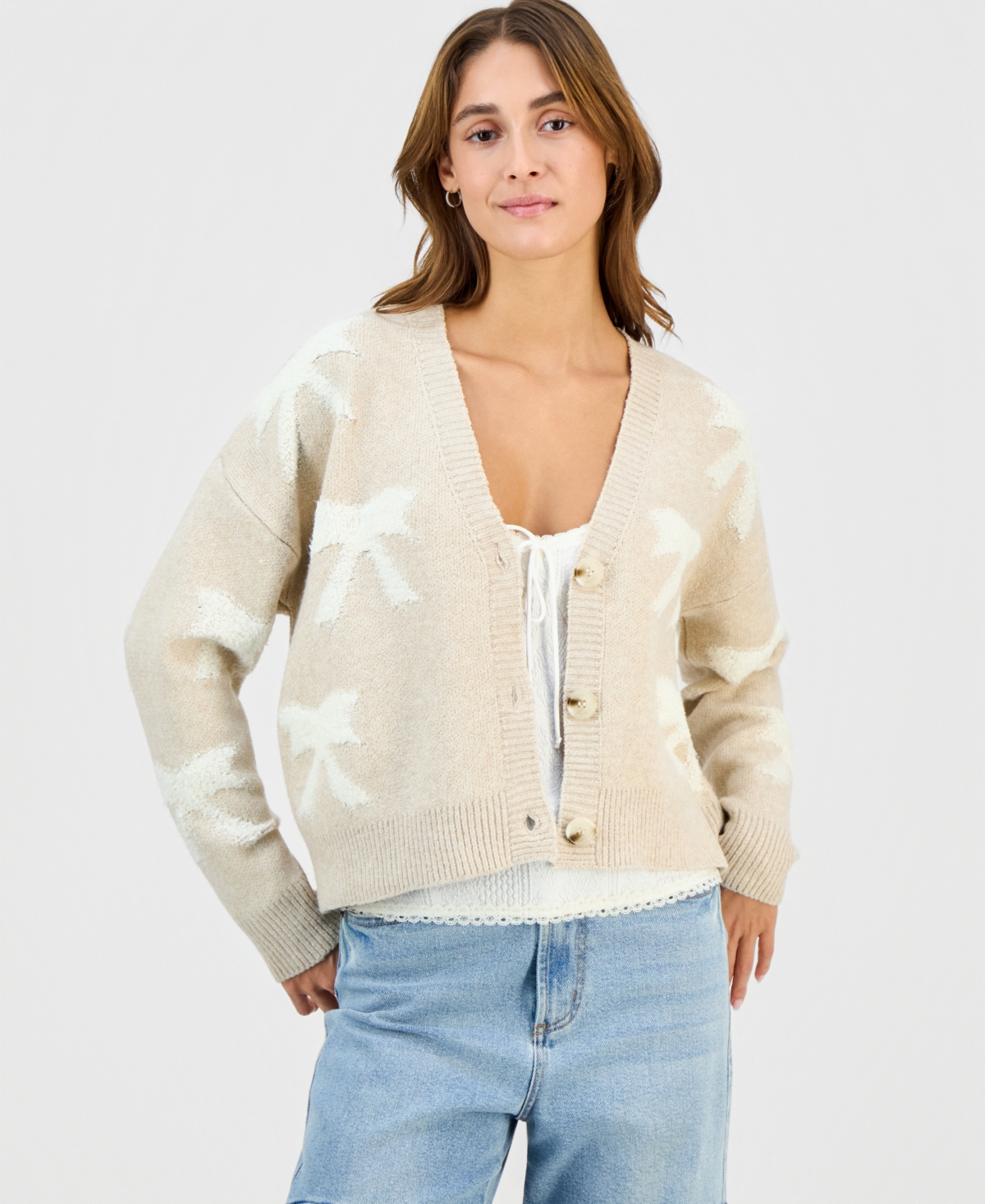 Ultra Flirt Juniors' Novelty Three-button Cardigan Sweater In White
