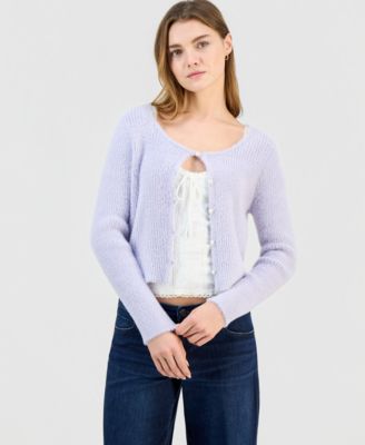 Juniors' Eyelash Faux-Pearl Button-Front Cardigan 