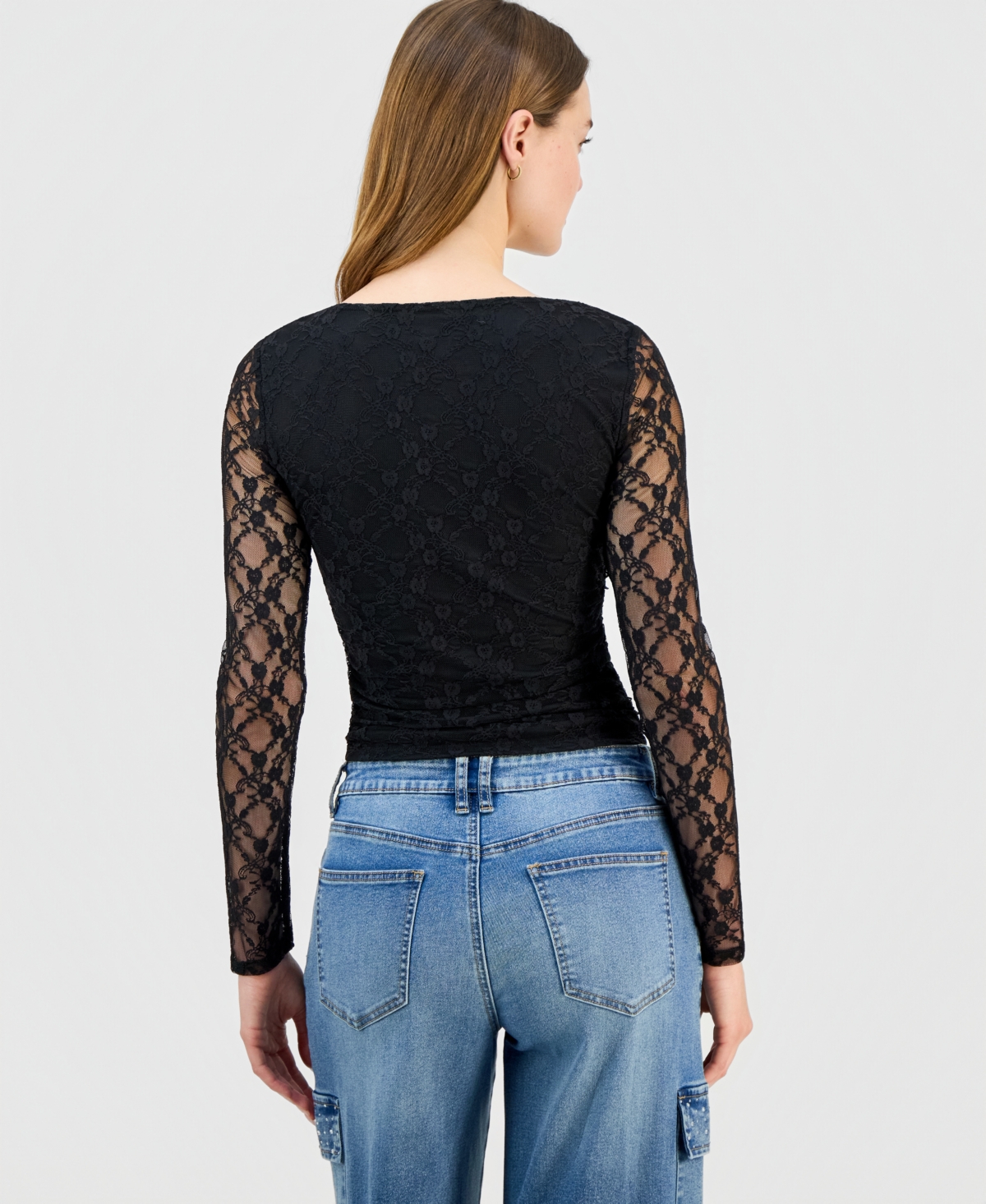 Sincerely Jules Juniors' Lace Long-sleeve V-neck Top In Multi