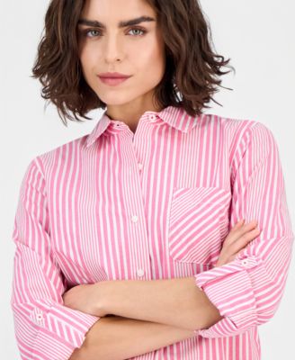 Women's Stripe Button-Front Roll-Tab-Sleeve Cotton Shirt 