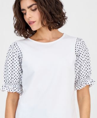 Women's Round-Neck Contrast-Puff-Sleeve Top