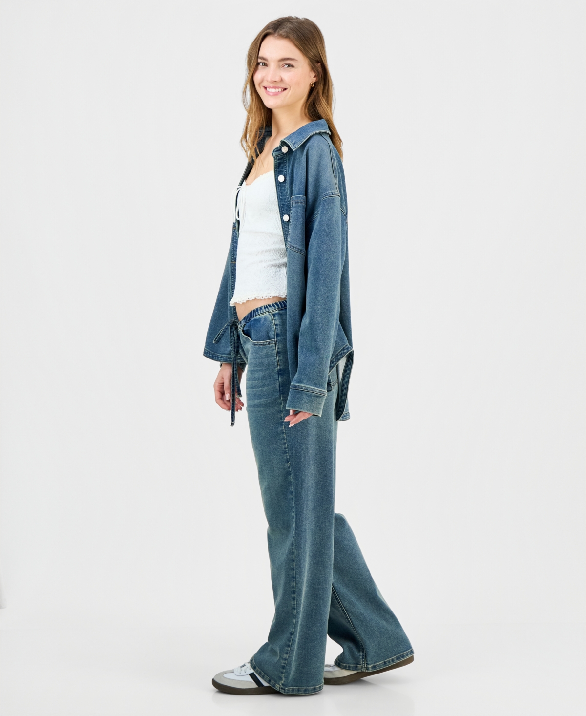 Indigo Rein Juniors' Tinted Knit Denim Wide-leg Jeans In Animal Print