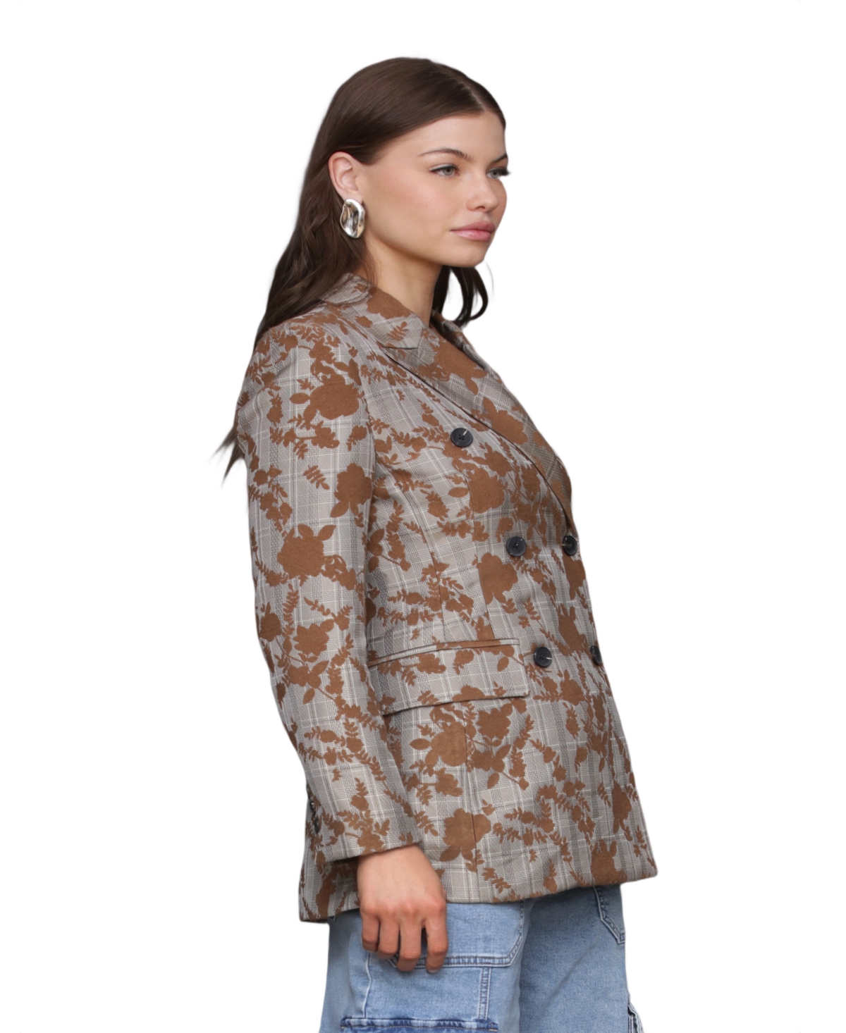 Avec Les Filles Women's Long Sleeves Plaid Floral Blazer