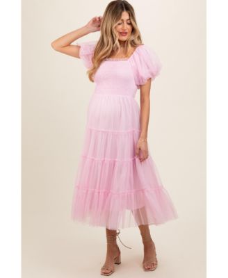 Maternity Light Pink Smocked Tiered Tulle Midi Dress