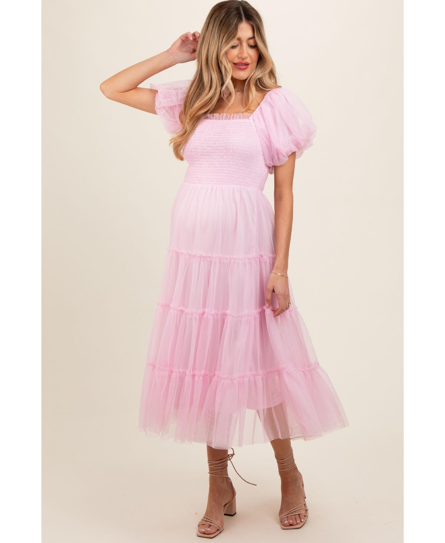 Женское платье Pinkblush Light Pink Smocked Tiered Tulle Midi, цвет: Светлый розовый — фото 4
