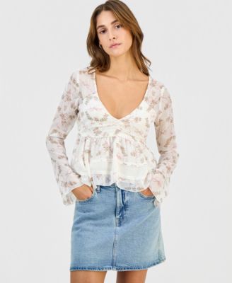 Self Esteem - Juniors' Long-Sleeve Hanky-Hem Woven Top