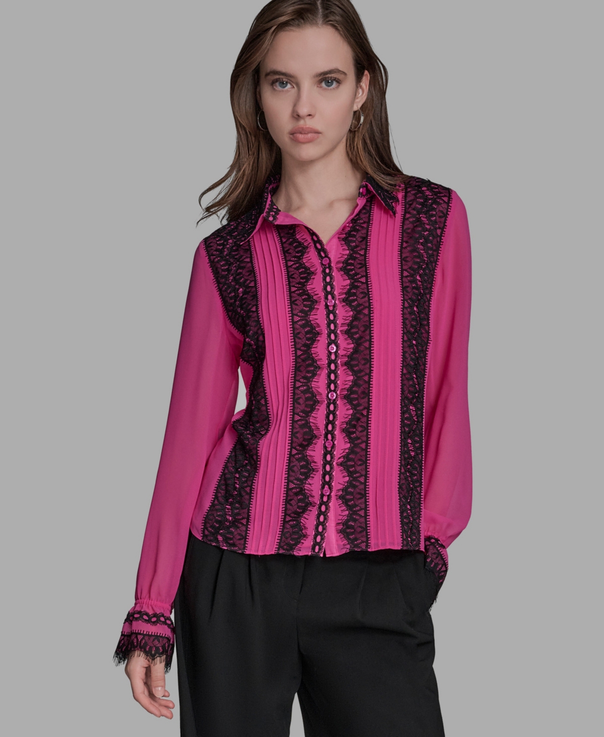 Bcbg Women's Long Sleeve Contrast Lace Top
