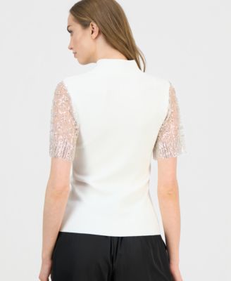 Women's Beaded-Sleeve Mock Neck Sweater