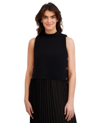 Petite Pleated Knit Mock Neck Midi Dress