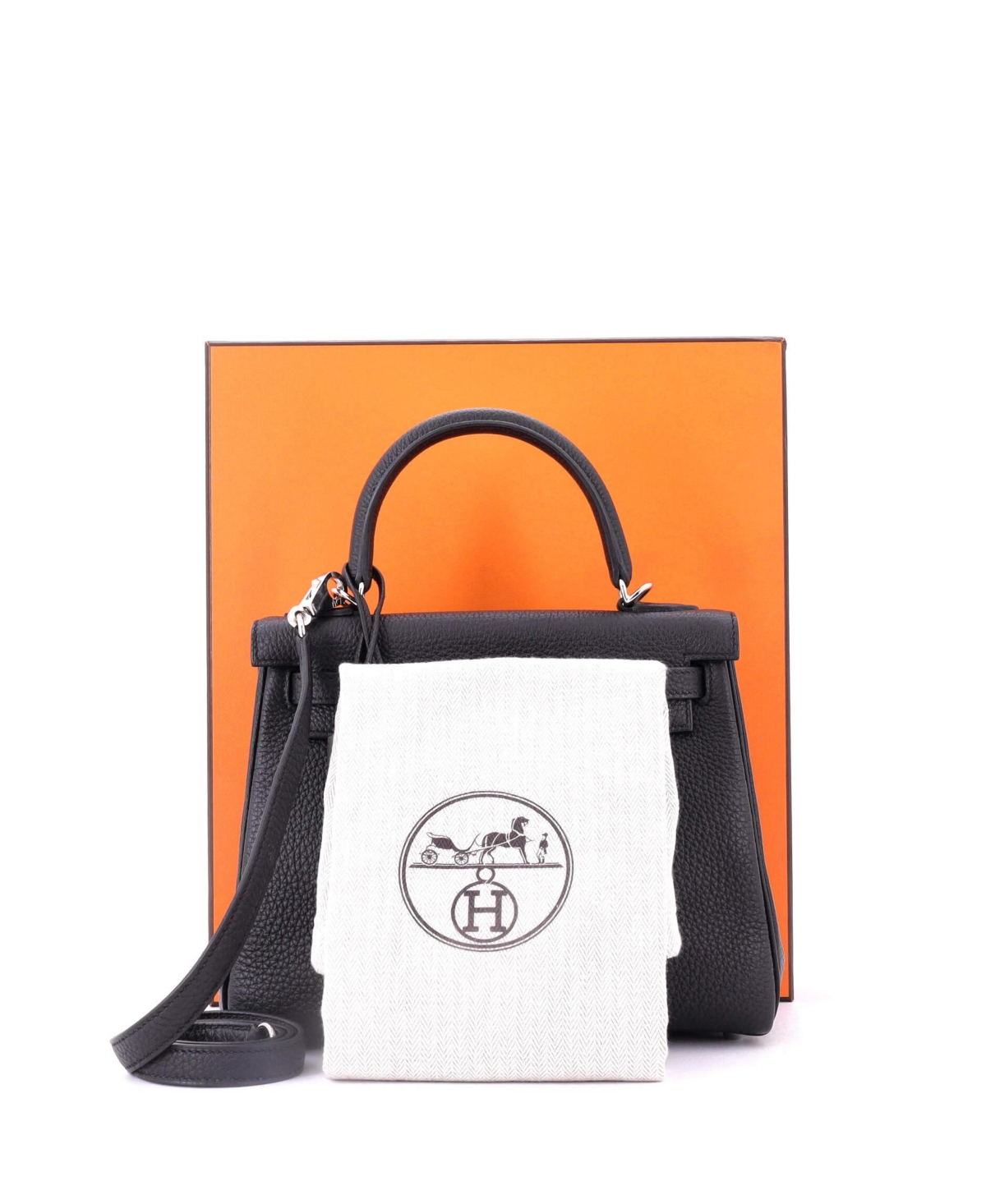 Pre-Owned Hermes Kelly 25 Handbag Black Togo with Palladium Hardware