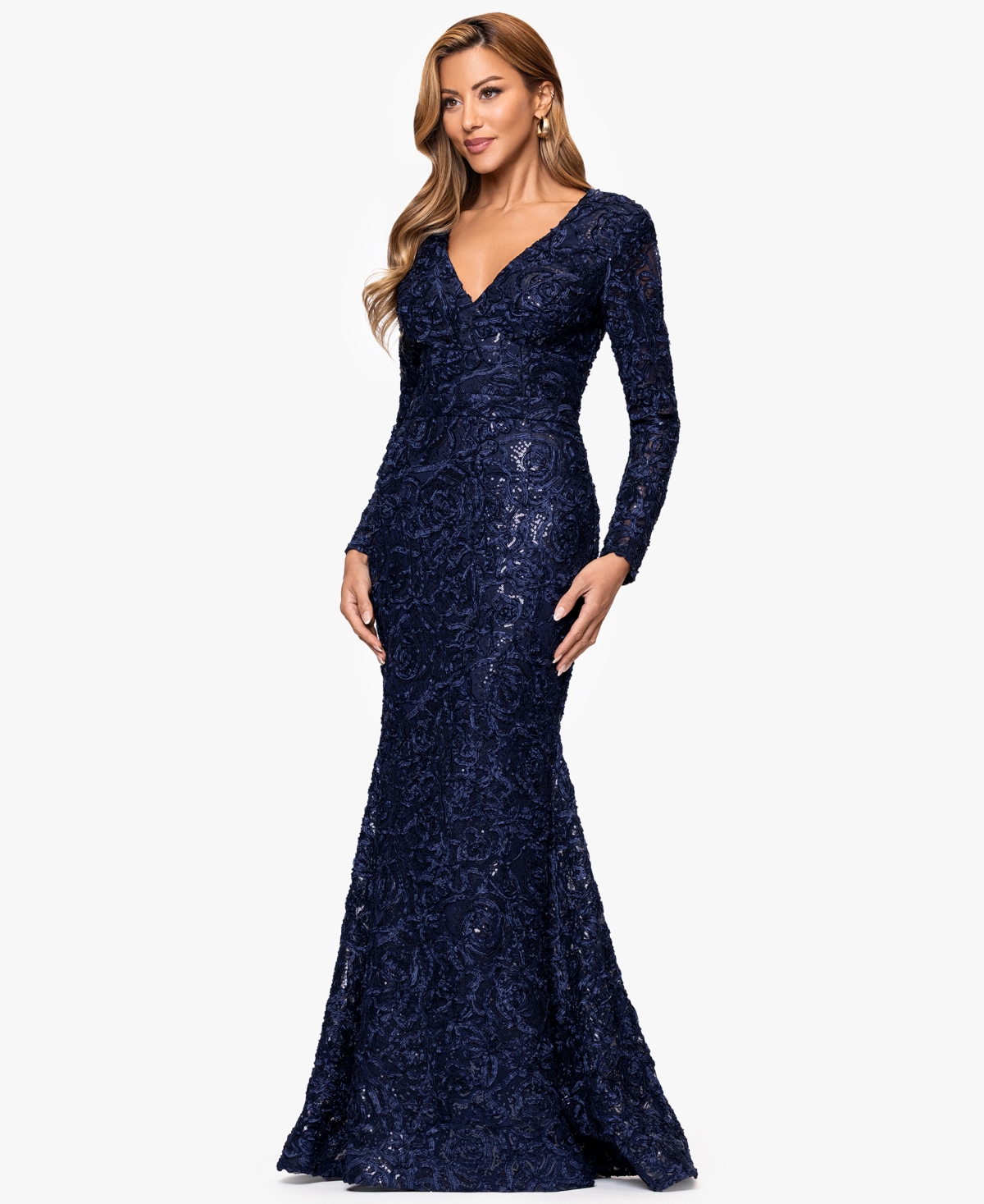 Xscape Petite Long Sleeve V-neck Lace Dress In Blue