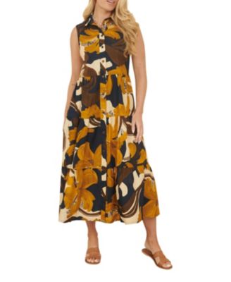 Women's Cotton Leaf Midi Sleeveless Shirt Dress
