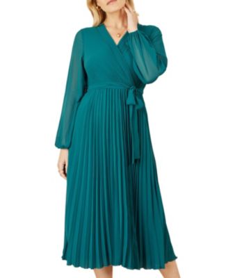 Women's Long Sleeved Pleated Midi Wrap Dress