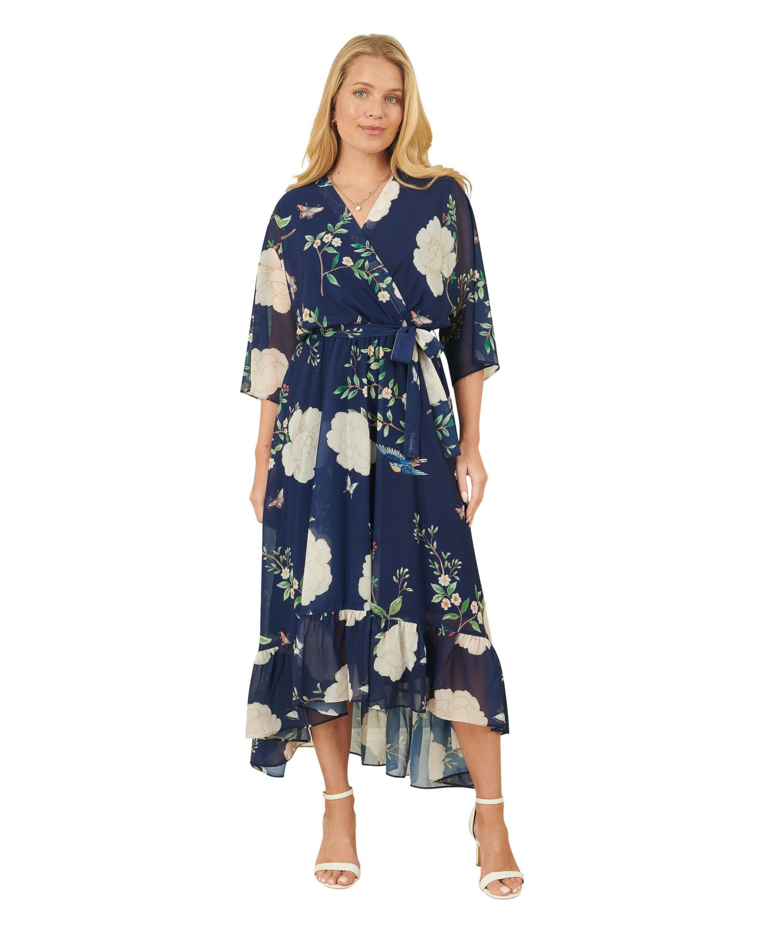 Women's Bird And Floral Print Midi Wrap Dress
