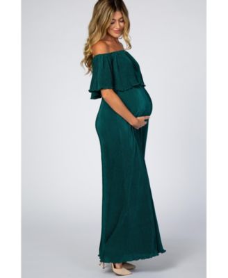 Maternity Forest Green Pleated Ruffle Off Shoulder Maxi Dress