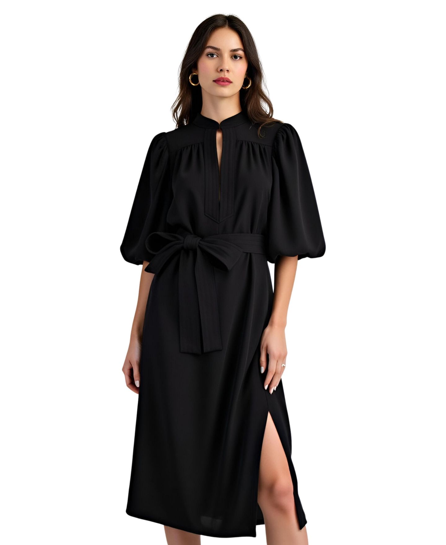 Женское платье Modenaire Lark Puff Sleeve Self-Tie Midi, цвет: Чёрный — фото 1