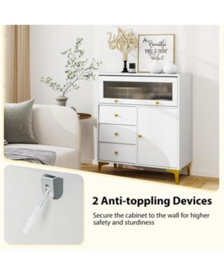 Chest of Drawers with Flip Up Fluted Glass Door for Bedroom Kitchen