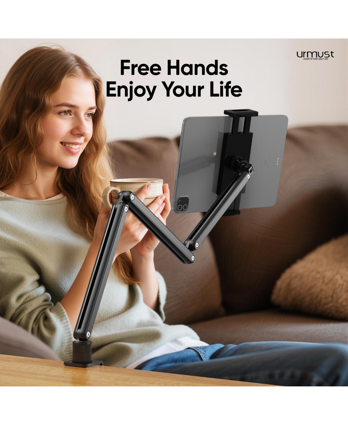 Urmust Tablet Stand for Desk, Adjustable iPad Holder Clamp Mount, 360° Rotation, Sturdy Aluminum Tablet Arm Mount for 4.7"-13" Device