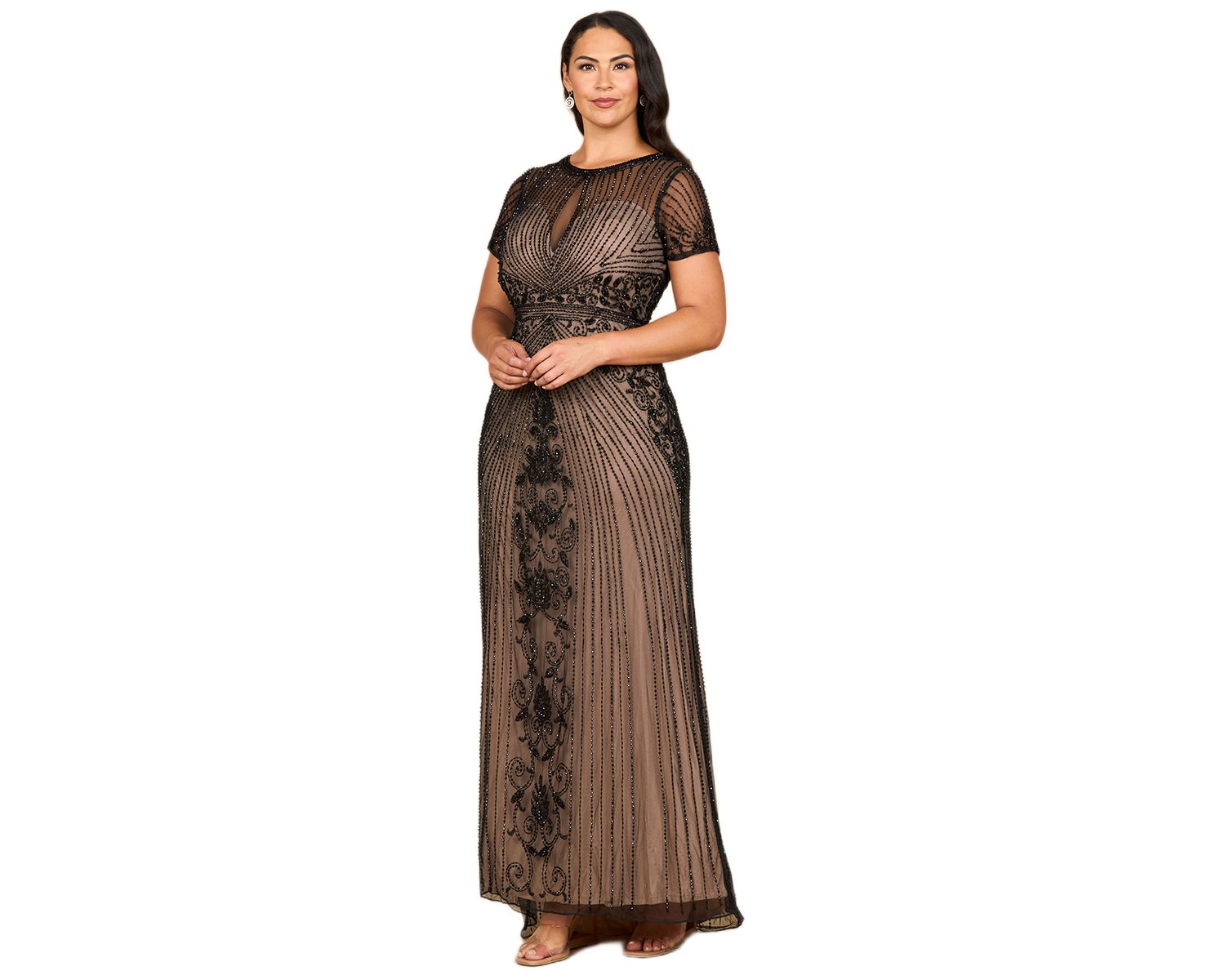 Women's Beaded Cap Sleeve Illusion Plunge Gown