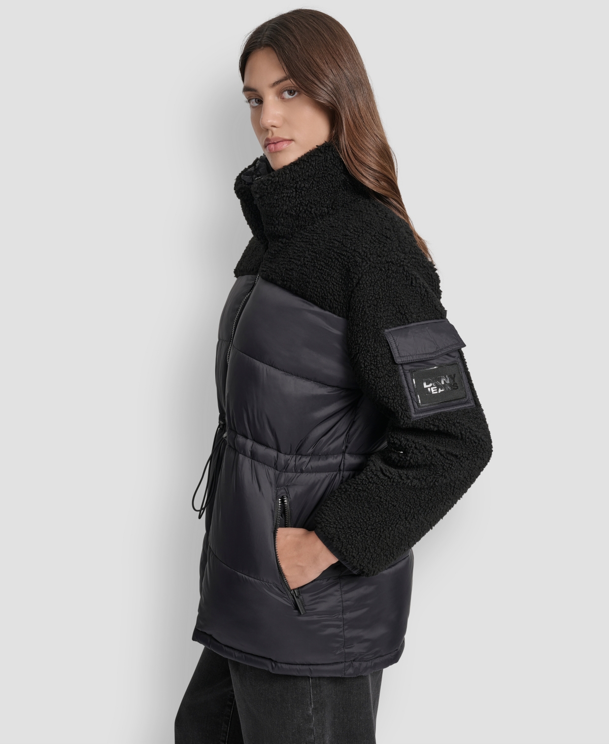 Dkny Jeans Women's Faux-Sherpa Puffer Mixed Coat - BLK