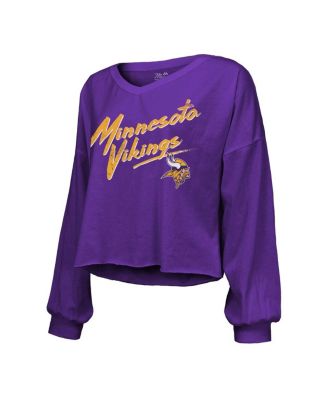 Women's J.J. McCarthy Purple Minnesota Vikings Name Number Off-Shoulder Script Cropped Long Sleeve V-Neck T-Shirt