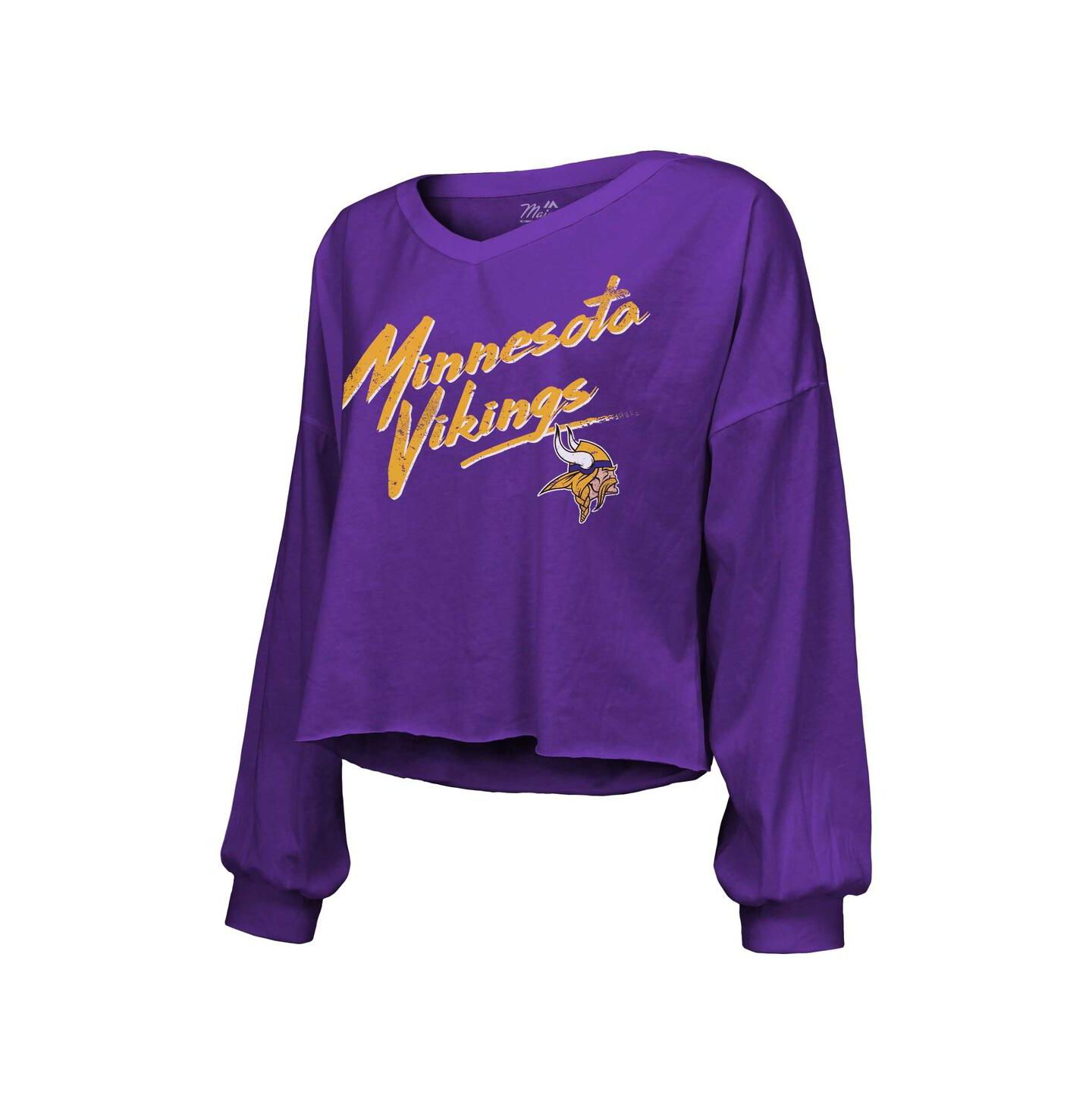 Женская футболка Majestic J.J. McCarthy Purple Minnesota Vikings Name & Number Off-Shoulder Script Cropped Long Sleeve V-Neck — фото 3