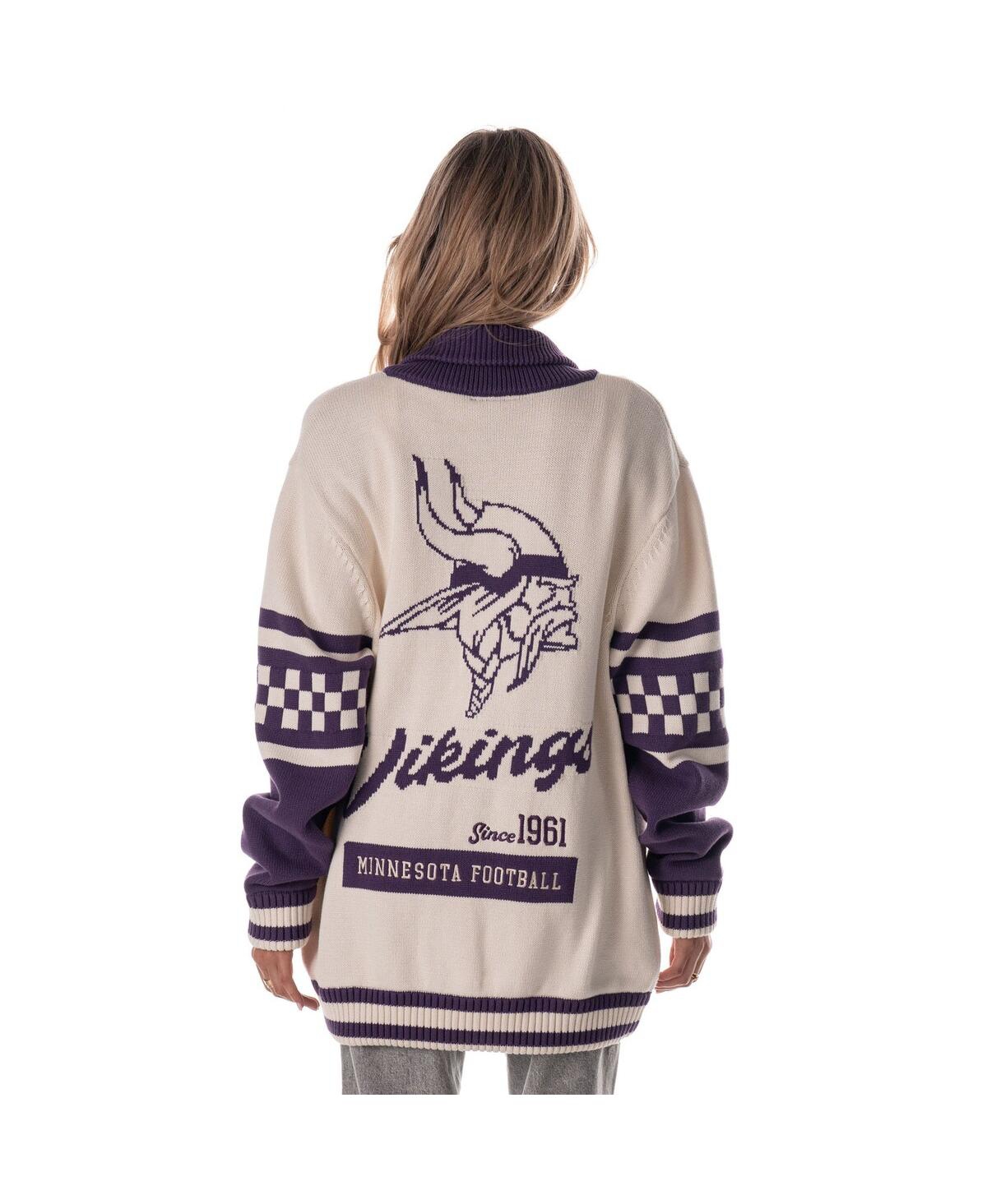 The Wild Collective Men's And Women's Cream Minnesota Vikings Jacquard Rolled Collar Button-up Cardigan Sweater In White