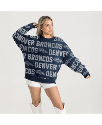 Gameday Couture - Women's Navy Denver Broncos Relaxed Drop Shoulder Hype Era Rhinestone Text Sweatshirt