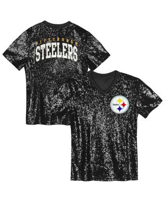 Outerstuff - Big Girls Black Pittsburgh Steelers Wordmark Sequin V-Neck Top