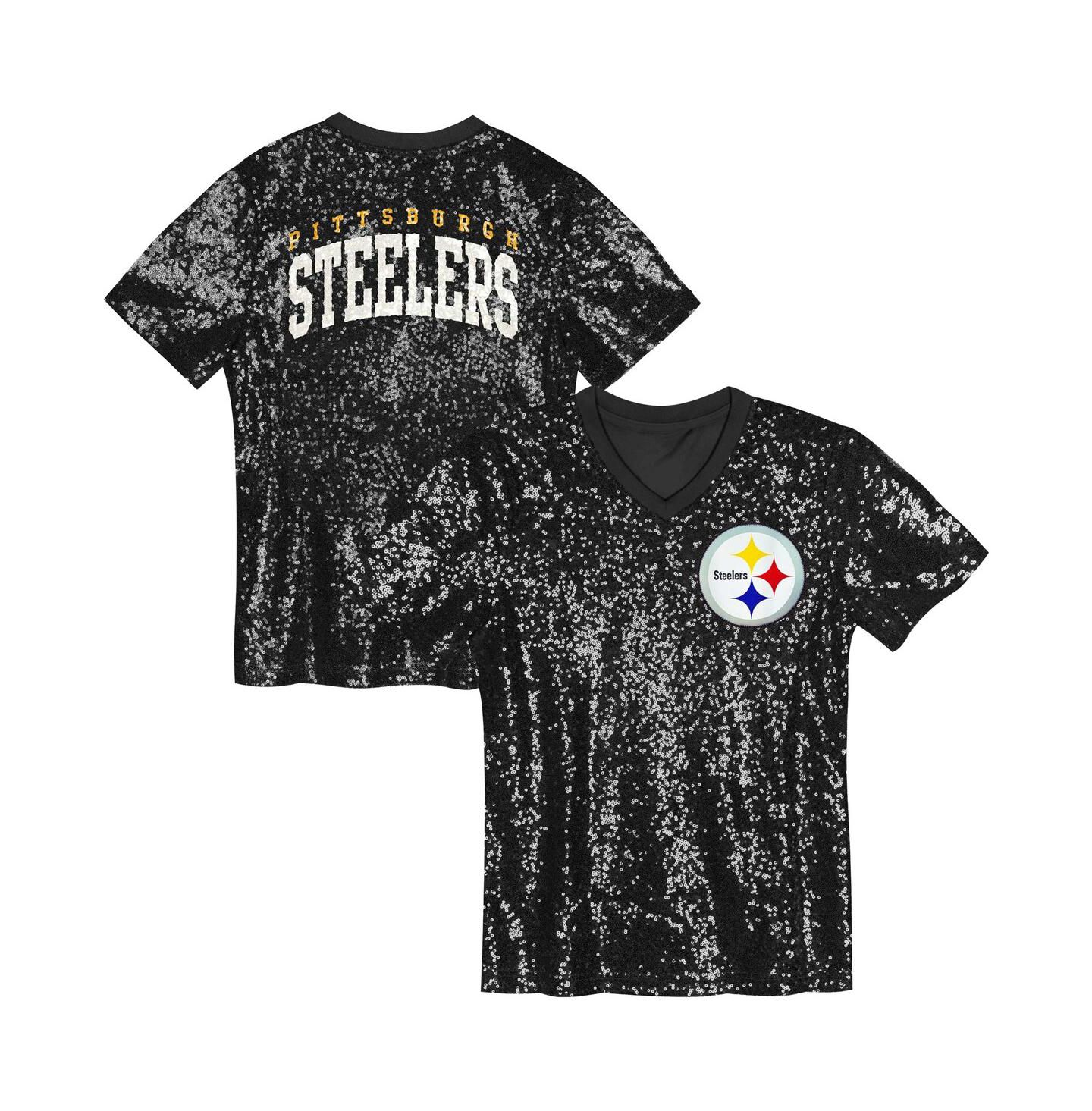 Топ Outerstuff Black Pittsburgh Steelers Wordmark Sequin V-Neck для девочек — фото 1
