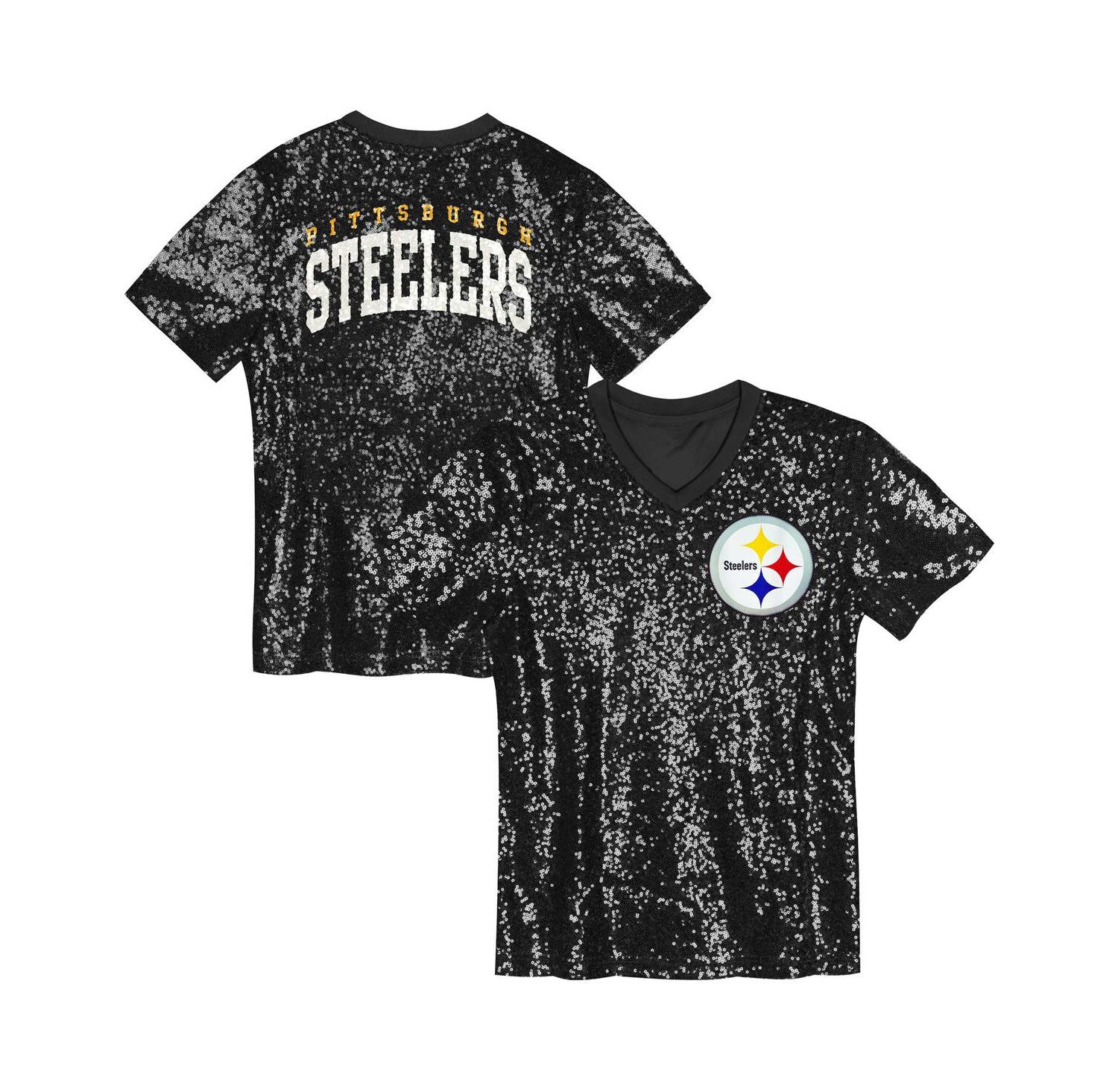 Big Girls Black Pittsburgh Steelers Wordmark Sequin V-Neck Top